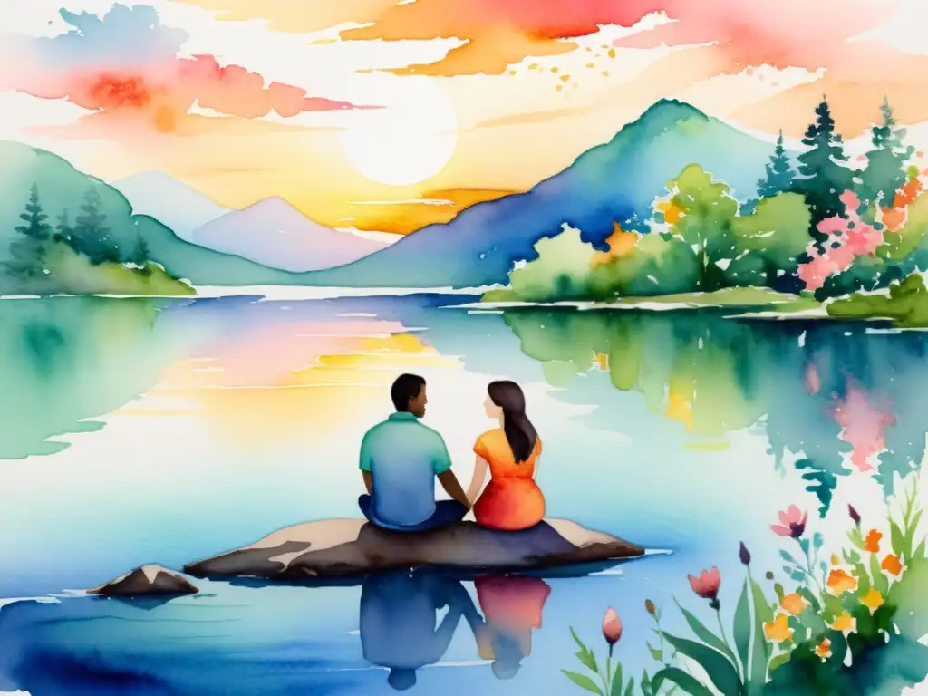 Pintura acuarela: pareja en armonía en lago sereno Un cuadro acuarela de una pareja junto a un lago sereno, rodeados de naturaleza exuberante y flores