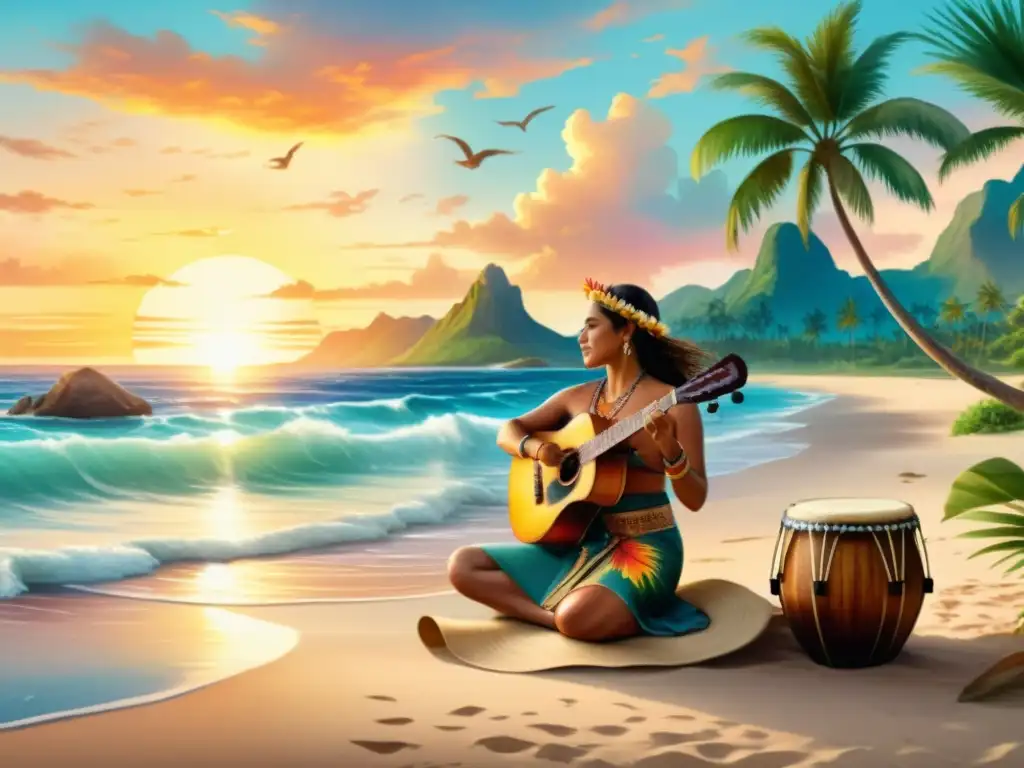 Pintura acuarela 8k de atardecer en la playa polinesia con músicos Cuadro acuarela 8k de playa serena al atardecer con músicos polinesios, capturando la atmósfera de retiros espirituales música polinesia