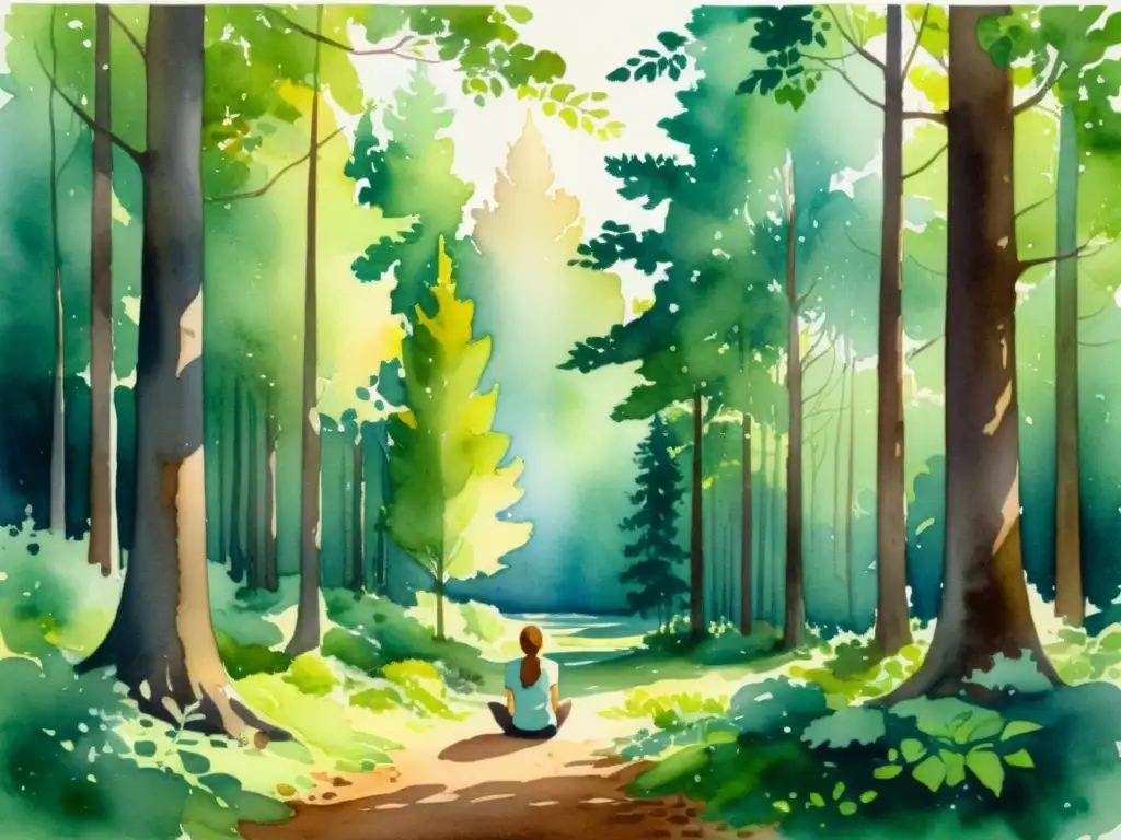 Armonía en el bosque: un encuentro espiritual Cuadro acuarela: retiro espiritual en un claro del bosque, con luz filtrándose entre las hojas y una figura meditando en silencio