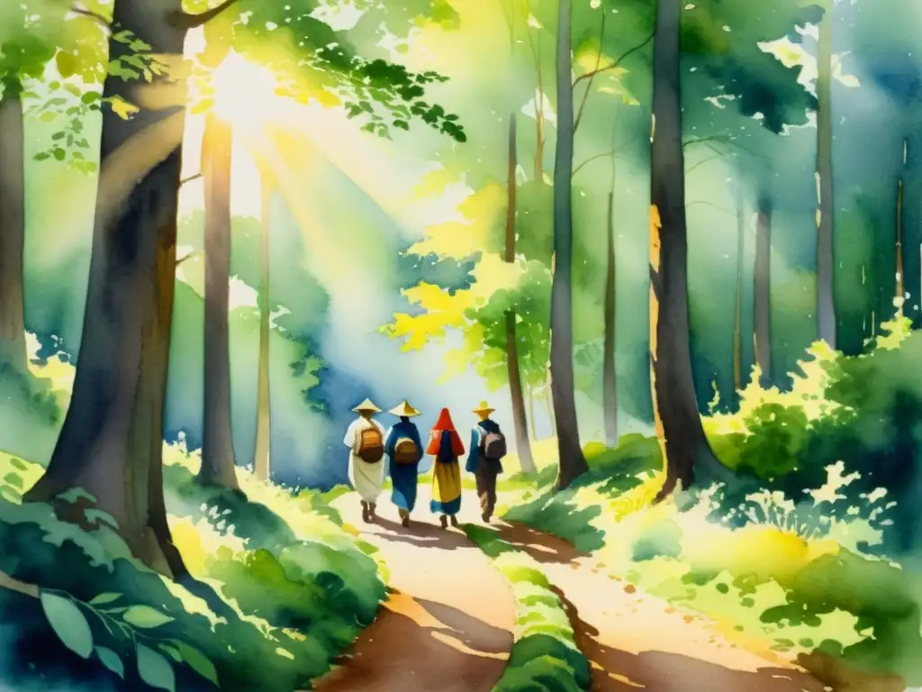Pintura acuarela: peregrinos en bosque místico Un cuadro de acuarela serena de peregrinos caminando por un sendero boscoso, con luz filtrándose entre las hojas