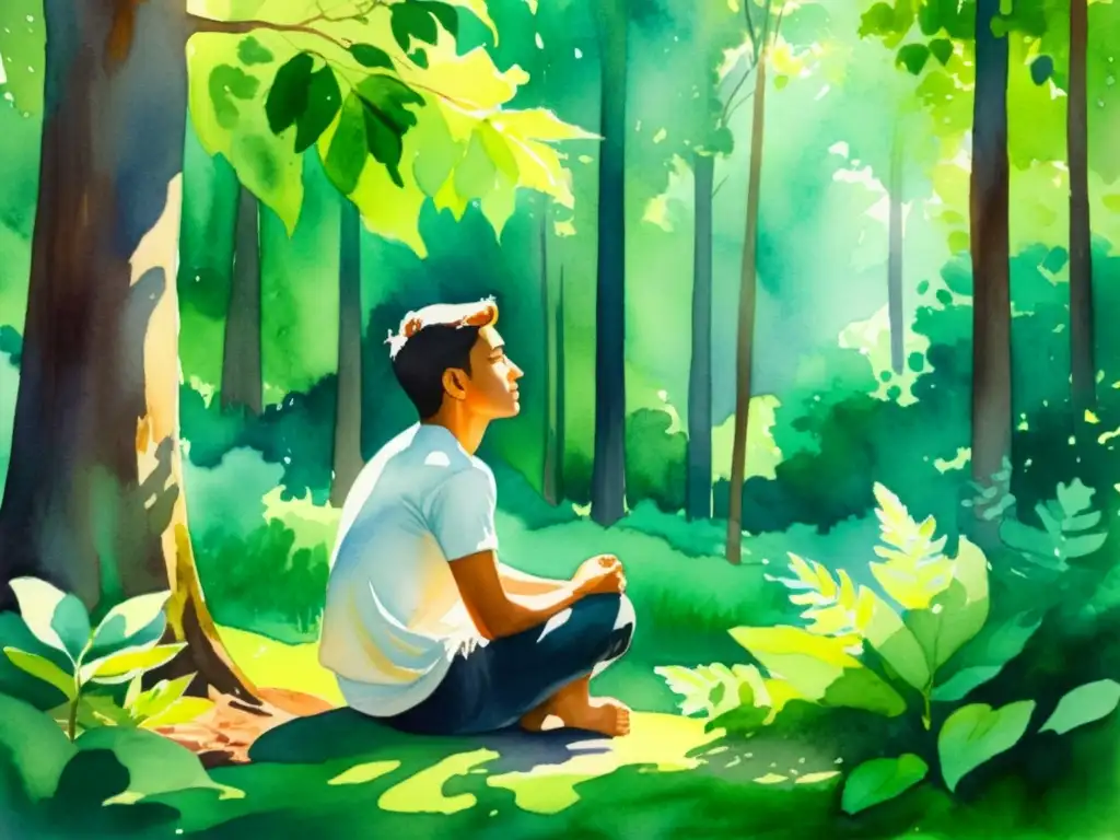 Retiro sereno en el bosque: pintura acuarela de introspección Un cuadro acuarela serena de una persona en introspección en un bosque tranquilo, rodeado de árboles altos y luz filtrada