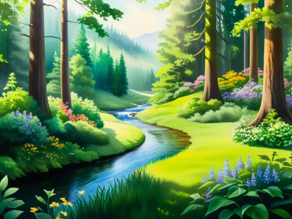 Cuadro acuarela: Bosque sereno con río Cuadro de acuarela sereno de un bosque tranquilo con río serpenteante, árboles verdes y flores silvestres