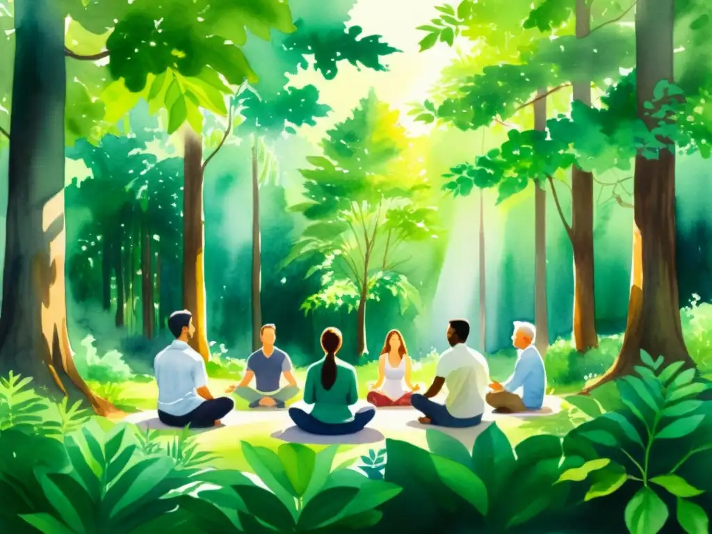 Meditación ejecutiva: serenidad en el bosque Un cuadro acuarela sereno de ejecutivos meditando en un bosque