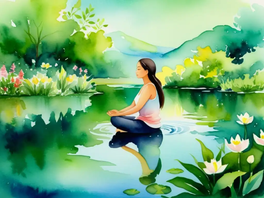 Meditación entre la naturaleza: Pintura serena en acuarela Cuadro de acuarela sereno con persona meditando en la naturaleza, evocando introspección y armonía en retiros espirituales