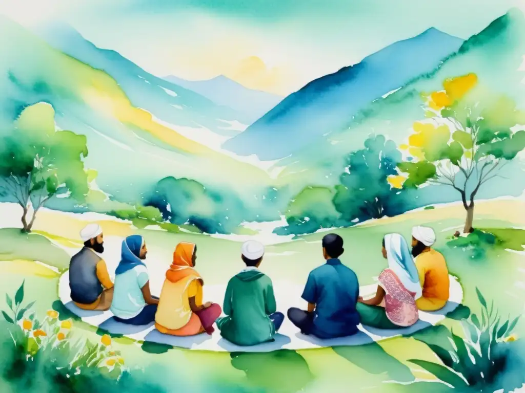 Círculo de Zikr: Pintura serena de conexión espiritual Un cuadro de acuarela sereno con personas en recitación sufí