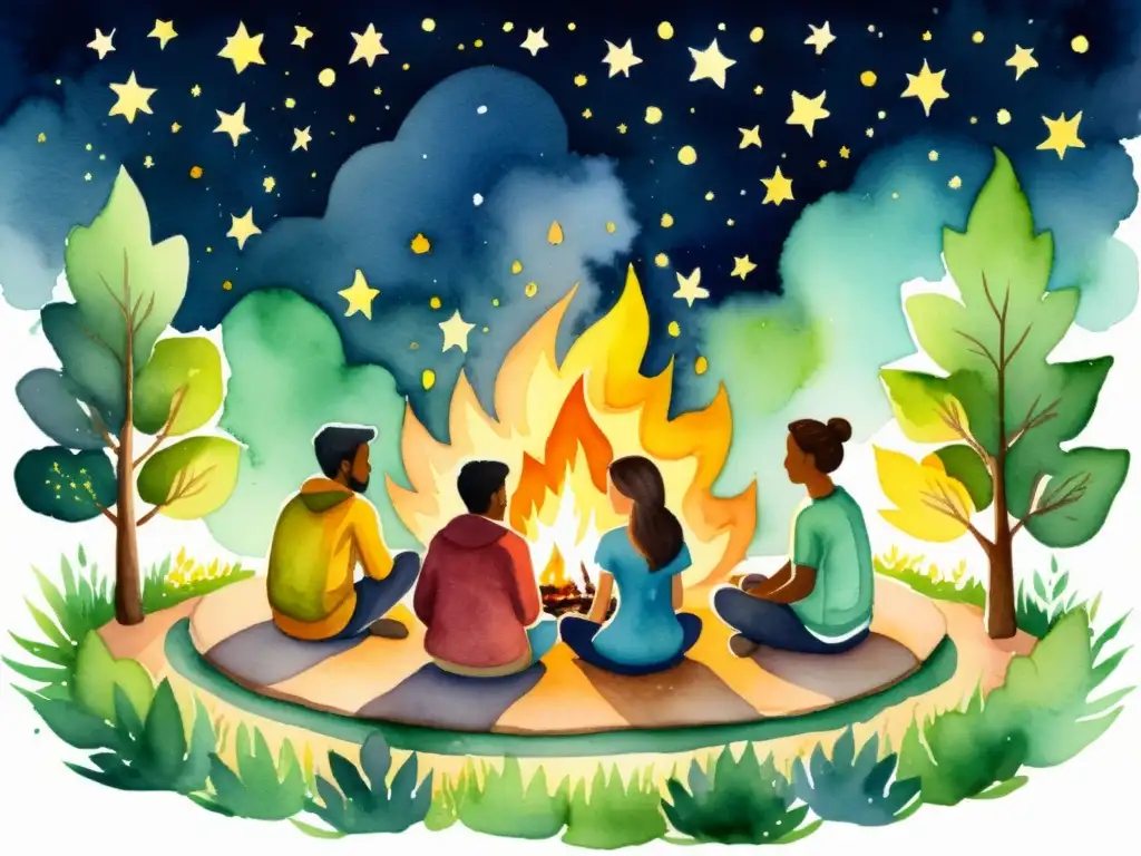 Ritual espiritual alrededor del fuego en la naturaleza Un cuadro acuarela sereno muestra a personas en un retiro espiritual con ceremonias de fuego, rodeadas de naturaleza y estrellas