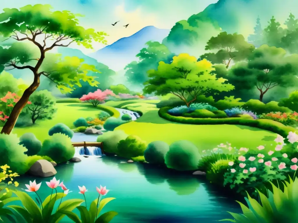 Armonía en el jardín: Qi Gong y Tai Chi en 8k Cuadro de acuarela 8k de jardín sereno con práctica de Qi Gong y Tai Chi, transmitiendo paz y equilibrio interior