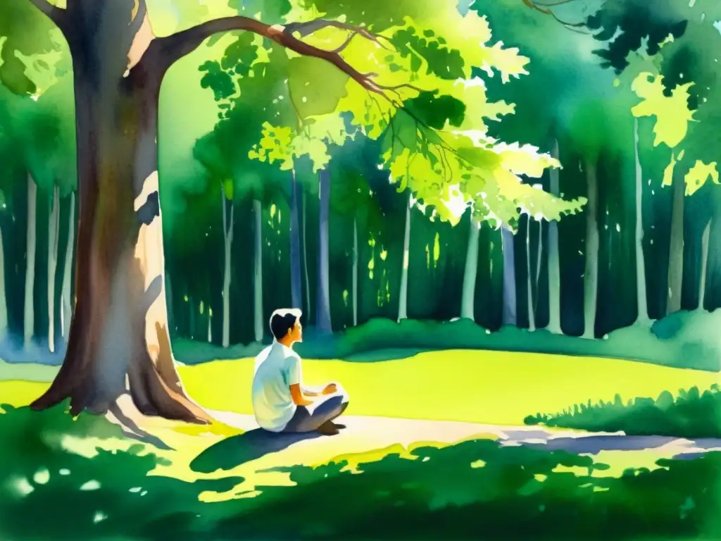 Serena meditación en el bosque: pintura acuarela Cuadro de acuarela: figura solitaria en el bosque, en profunda contemplación