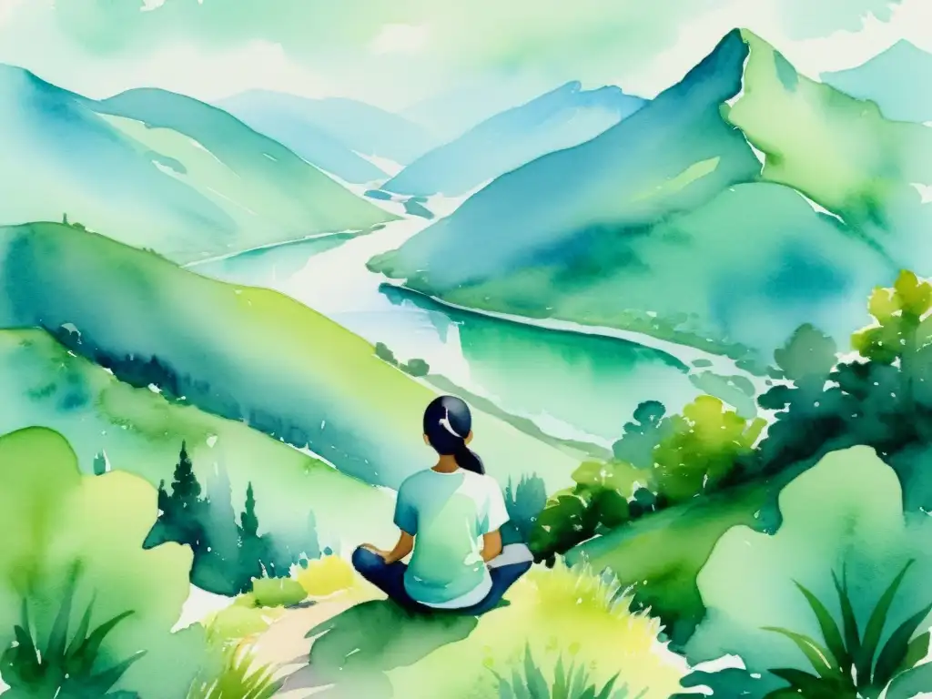 Meditación en la montaña: Serenidad y Naturaleza Cuadro de acuarela: figura solitaria en la montaña, rodeada de naturaleza exuberante