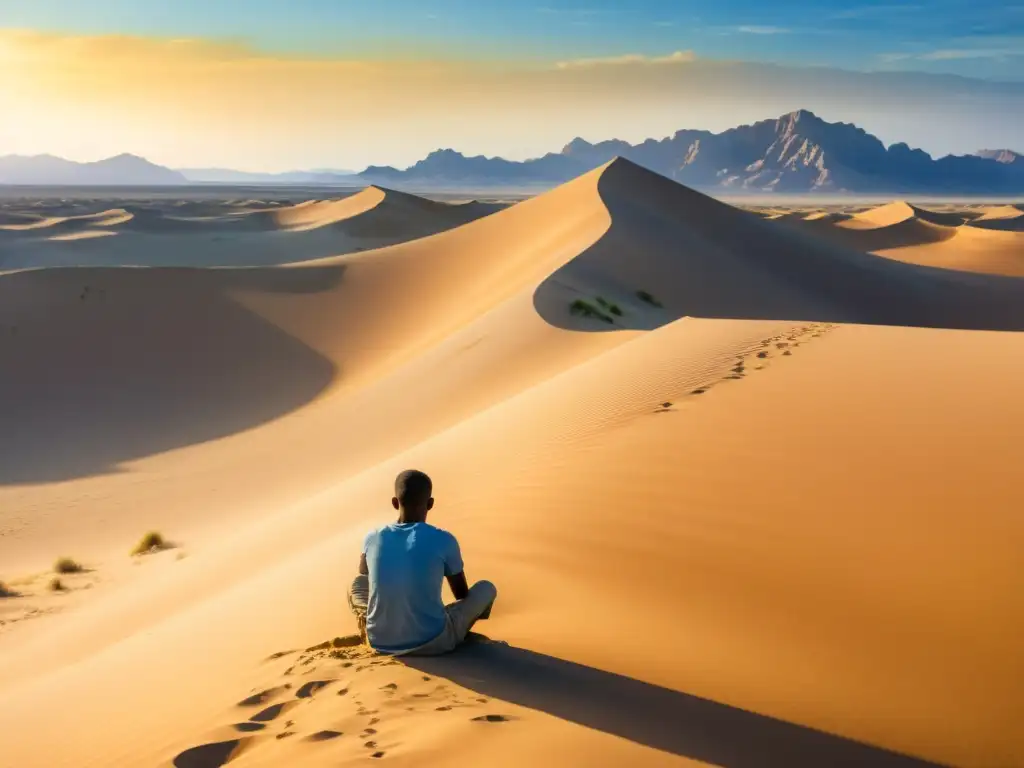 Contemplación en el desierto: pintura acuarela Un cuadro al agua de una figura solitaria meditando en el vasto desierto, rodeada de imponentes dunas doradas