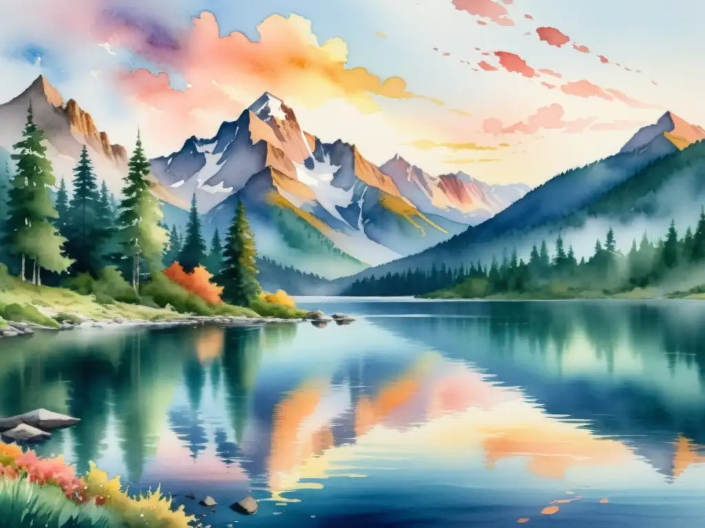 Pintura acuarela 8k paisaje montaña sereno al atardecer Cuadro de paisaje montañoso sereno con lago cristalino reflejando el cielo al atardecer