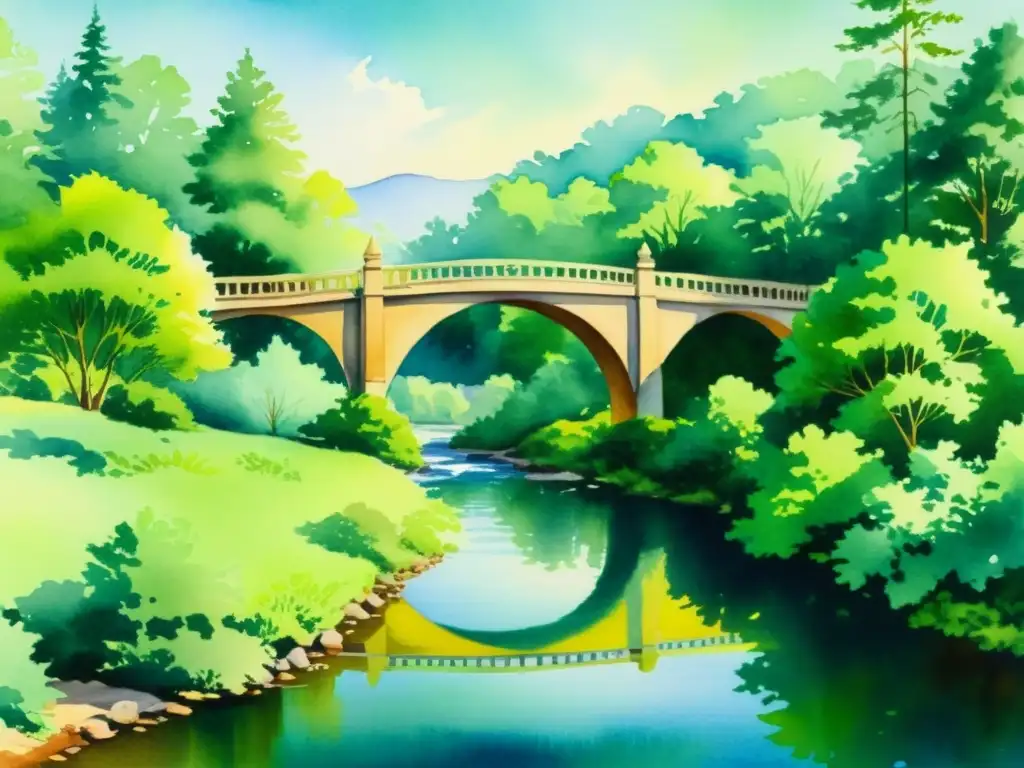 Río sereno en el bosque: pintura acuarela Cuadro de paisaje sereno con río, bosque y puente