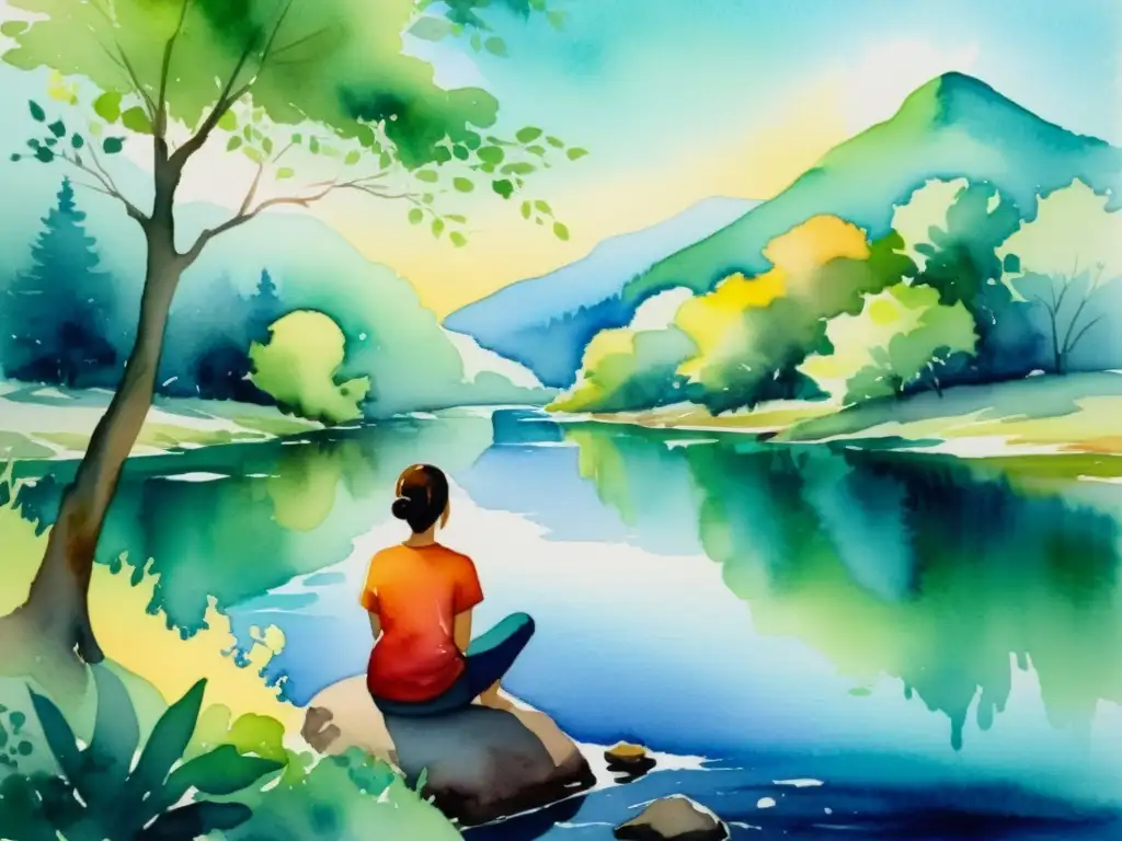 Retrato sereno: meditación junto al río Un cuadro sereno en acuarela de meditación junto a un río tranquilo, representando la conexión entre pensamientos y realidad cuántica