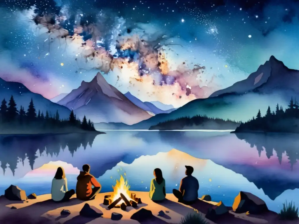 Un cuadro sereno de un grupo alrededor de una fogata bajo un cielo estrellado