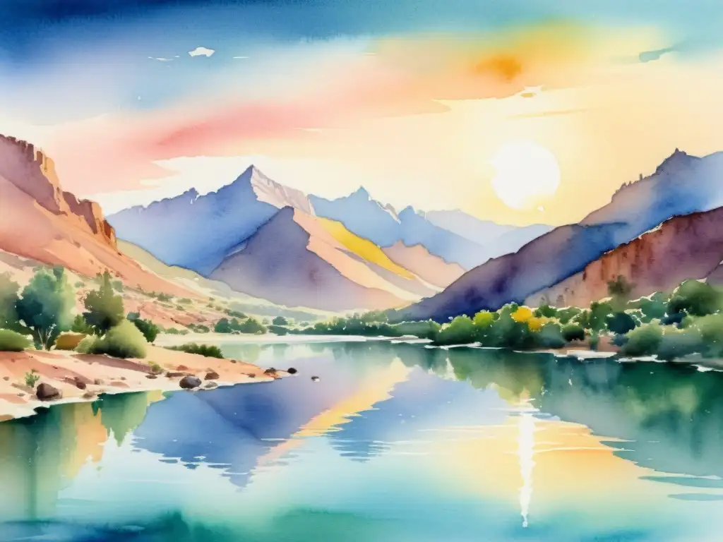 Serena pintura acuarela de las Montañas del Atlas al amanecer en Marruecos Un cuadro sereno de los Montes Atlas en Marruecos, con tonos pastel del amanecer iluminando las cumbres
