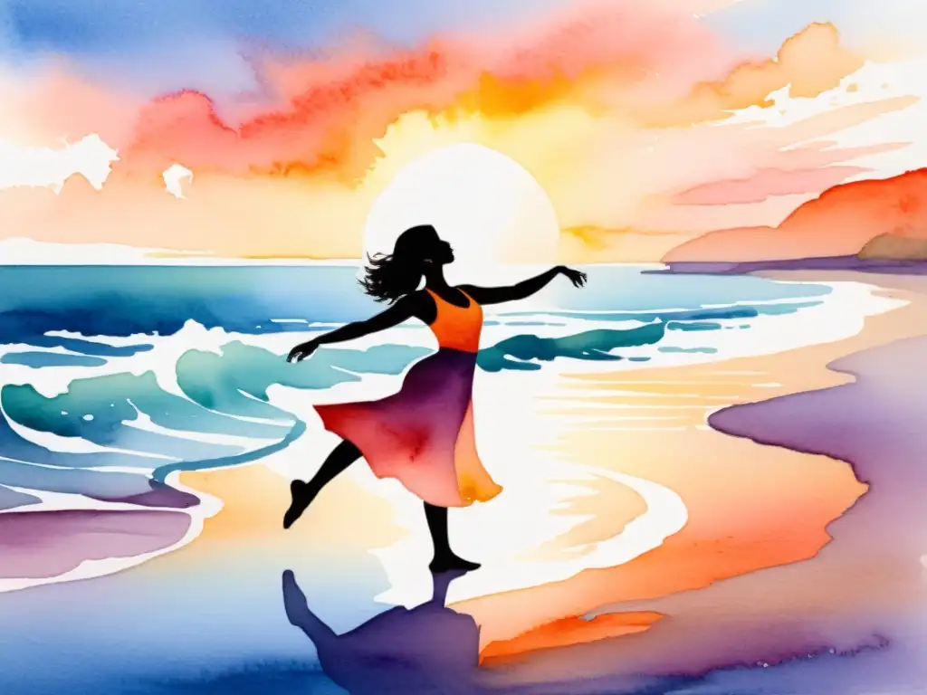 Baile sereno en la playa al atardecer Danza consciente: persona bailando en la playa al atardecer, conectando con la naturaleza y transmitiendo serenidad