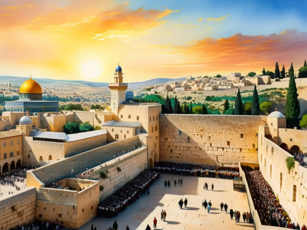 Pintura acuarela detallada del Muro Occidental al atardecer en Jerusalén Una detallada acuarela de la antigua ciudad de Jerusalén, con el Muro Occidental al atardecer