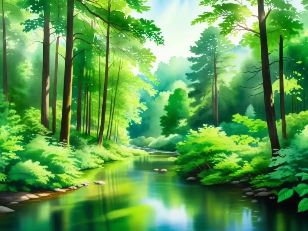 Pintura acuarela detallada de bosque sereno Una detallada acuarela de un apacible bosque, sin presencia humana, que transmite la paz de la naturaleza y sus efectos en el cerebro