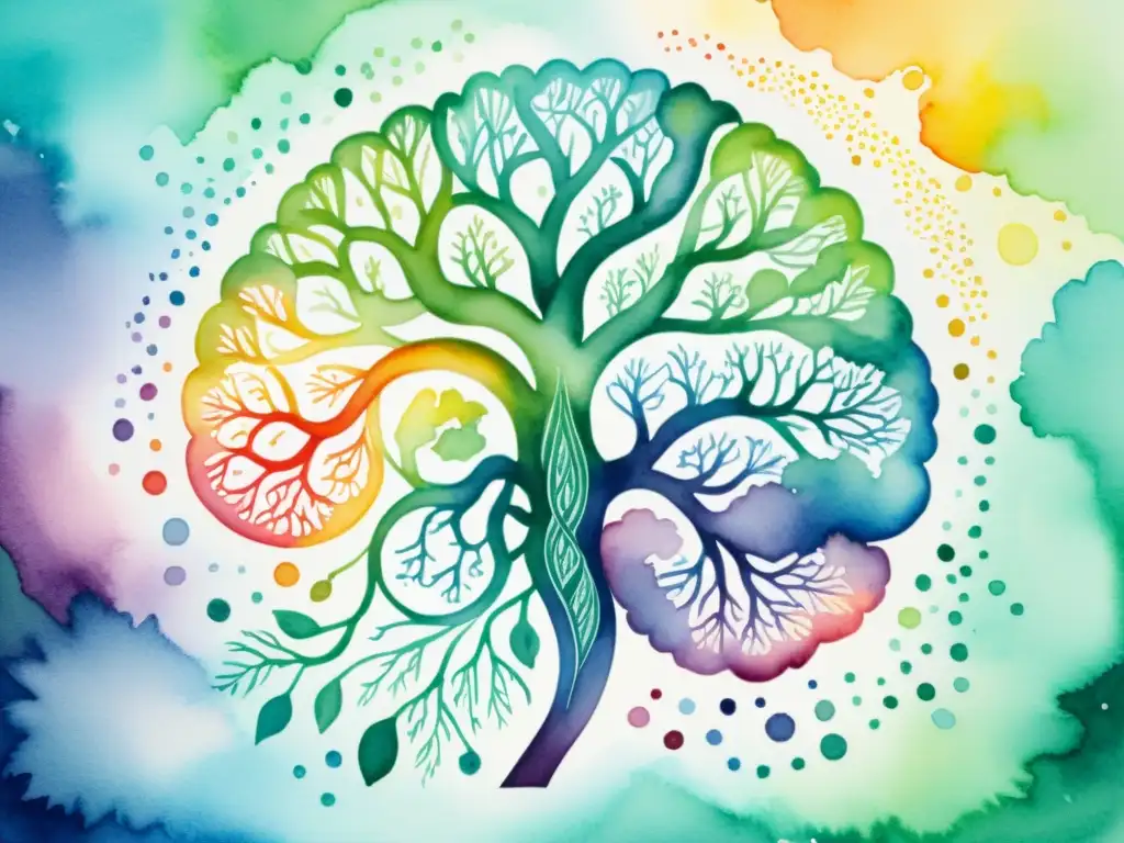 Brain in Vibrant Meditation: Genética y Color Ilustración detallada en acuarela de un cerebro humano con colores vibrantes que representan los efectos de la meditación en la expresión genética
