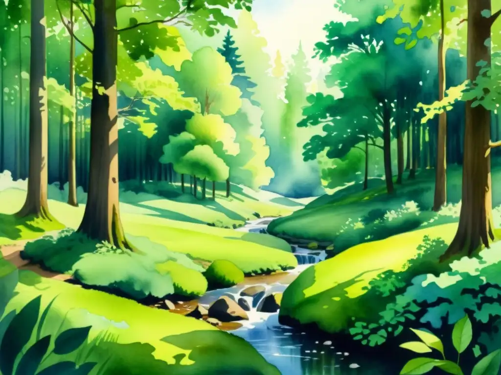 Pintura acuarela 8k de un bosque sereno, reflejando la belleza natural Una detallada acuarela en 8k de un claro de bosque sereno, iluminado por el sol, rodeado de altos árboles antiguos