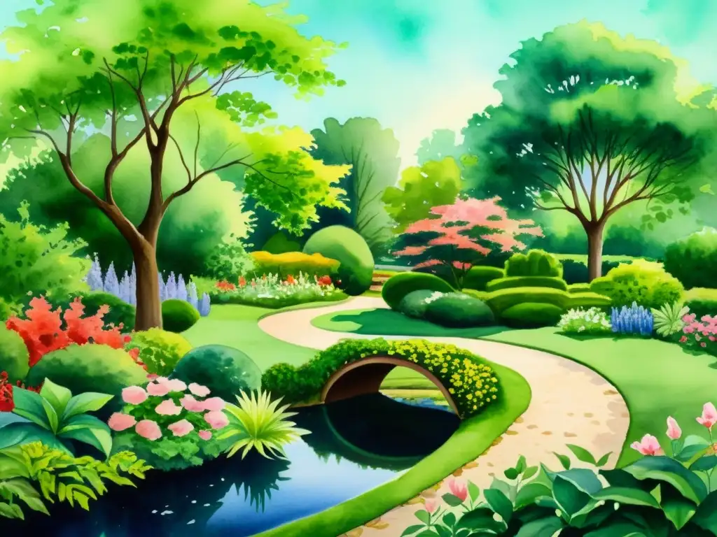 Jardín sereno: acuarela de paz y armonía Detallada acuarela de un sereno jardín, con exuberante vegetación, flores y senderos que llevan a un tranquilo estanque