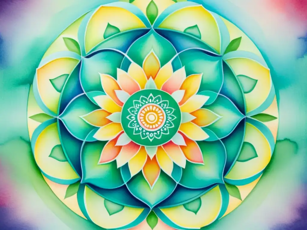 Vibrante mandala acuarela: detalle y serenidad Detallada pintura mandala espiritual con colores vibrantes y serena atmósfera
