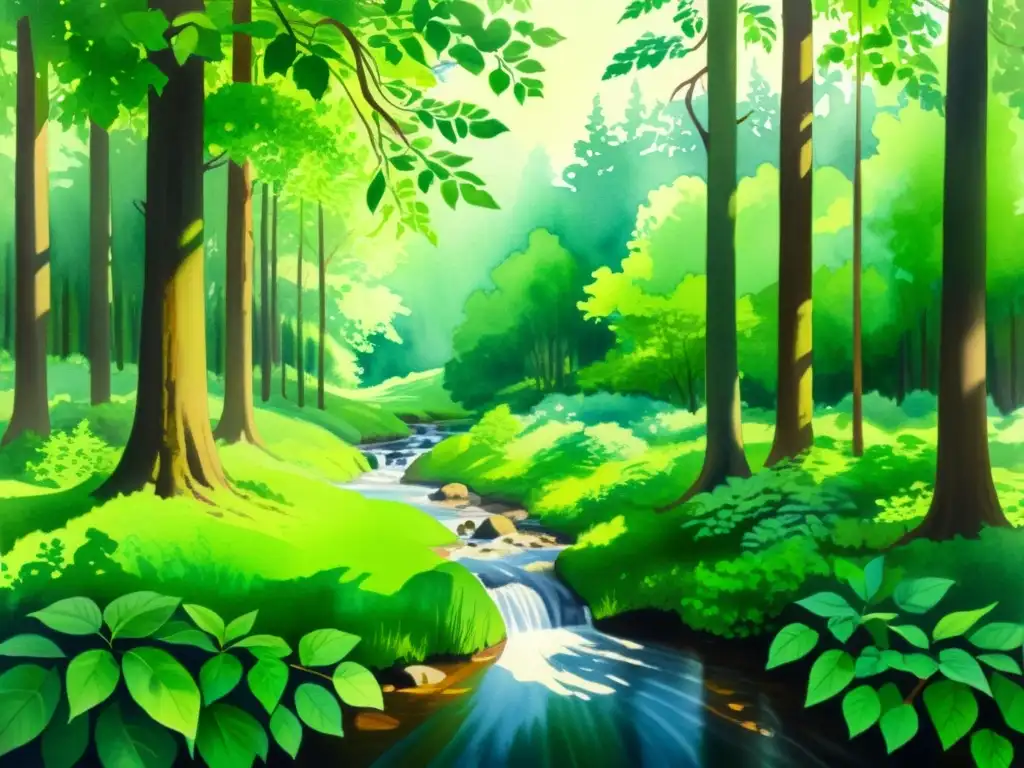 Un detallado acuarela de un sereno bosque verde con un claro en el centro