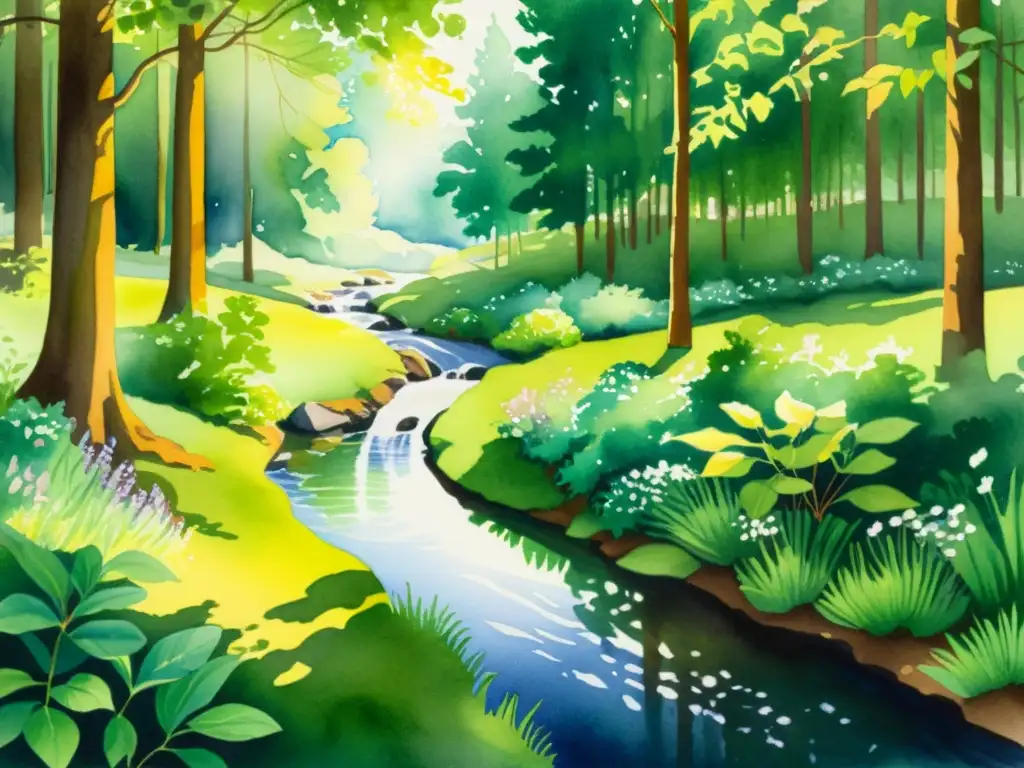Un detallado cuadro de acuarela muestra un escenario de bosque tranquilo, con luz solar entre los árboles y sombras en el suelo