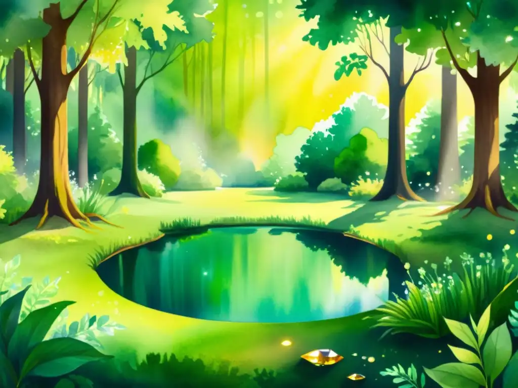 Ultrarrealista pintura acuarela de bosque mágico Un detallado cuadro en acuarela de un tranquilo claro en el bosque, con energía de cristales y un estanque cristalino, invita a retiros espirituales