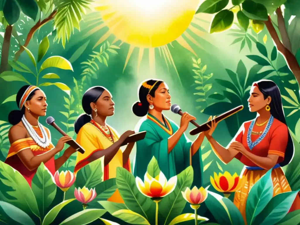 Ceremonia ancestral: ilustración acuarela de indígenas en canto Un detallado dibujo de acuarela muestra a un grupo de indígenas cantando en una ceremonia rodeados de exuberante vegetación y flores