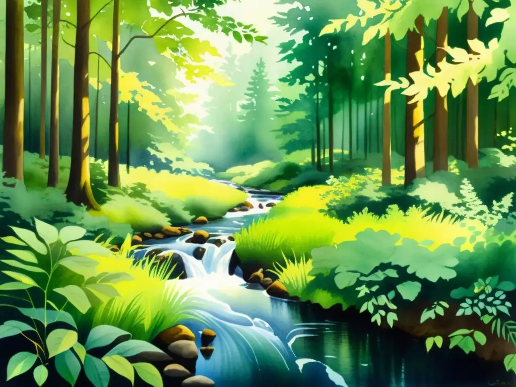 Pintura acuarela de un bosque tranquilo con luz filtrada y sombras dappled Un detallado paisaje boscoso en acuarela, con rayos de sol entre la frondosa vegetación y un arroyo sereno