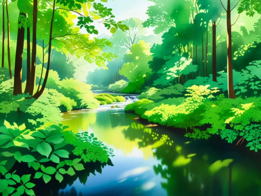 Bosque tranquilo: ilustración acuarela detallada Un detallado paisaje forestal en acuarela, con luz solar filtrándose entre los árboles y un arroyo sereno reflejando la vibrante flora