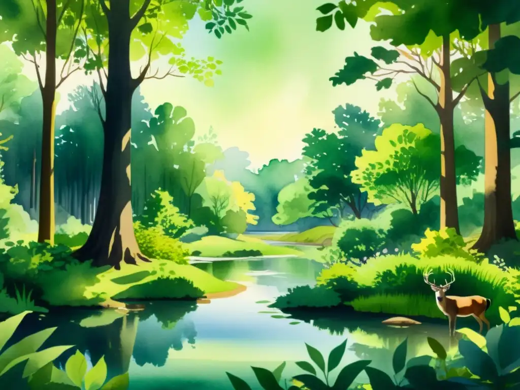 Bosque sereno: ilustración acuarela 8k Un detallado y sereno bosque verde con luz solar filtrándose entre las hojas, reflejando en un estanque, fauna y flora