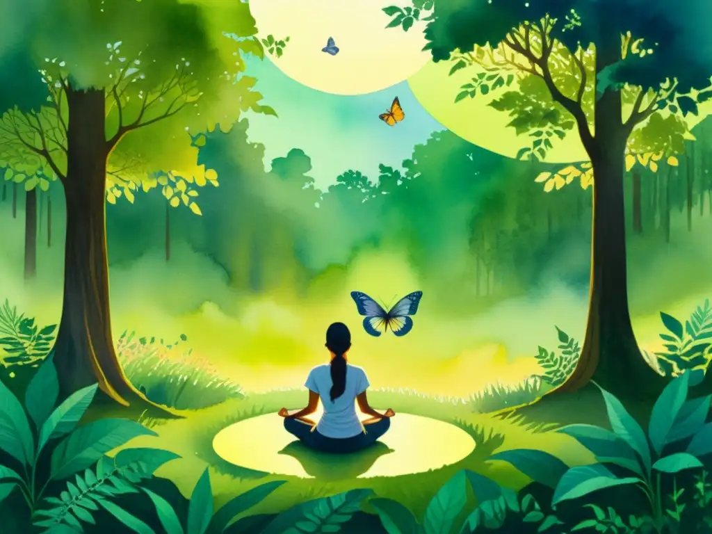 Bosque meditativo al amanecer: acuarela detallada Detalle de acuarela de un bosque sereno en la luz dorada del amanecer, con meditadores en un retiro espiritual de transformación personal