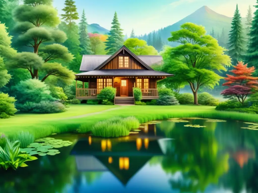 Retiro virtual de paz y renovación: acuarela detallada Detalle de acuarela de retiro espiritual virtual con naturaleza exuberante y cabaña acogedora entre árboles altos