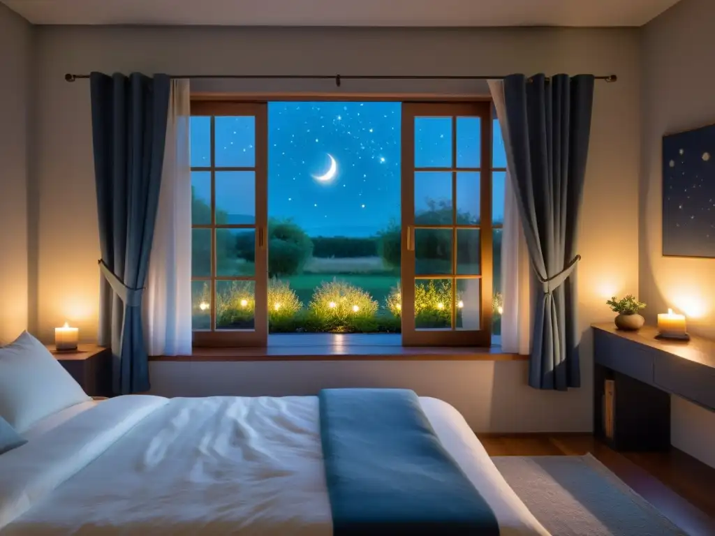 Dormitorio sereno bajo la luna: paz y relajación Un dormitorio sereno y tranquilo iluminado por la luz de la luna con espacio para prácticas de meditación para mejor sueño