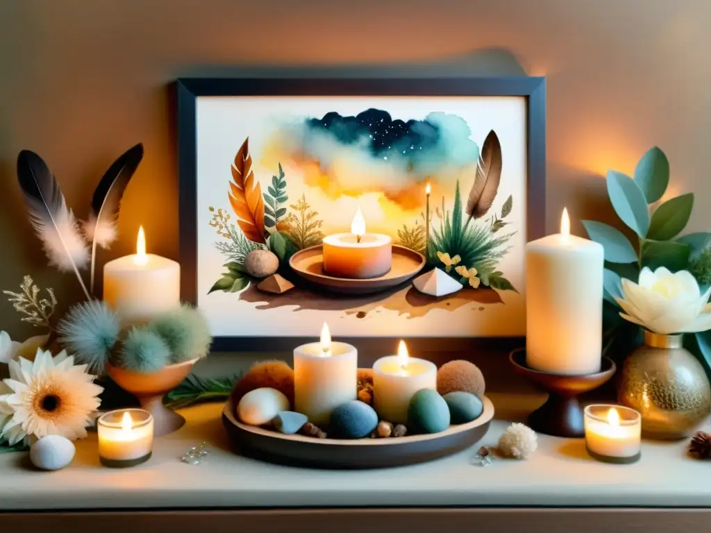 Preparar entorno para un retiro espiritual: una pintura acuarela detallada en 8k de un espacio sereno y sagrado, con tonos cálidos y una atmósfera tranquila y espiritual