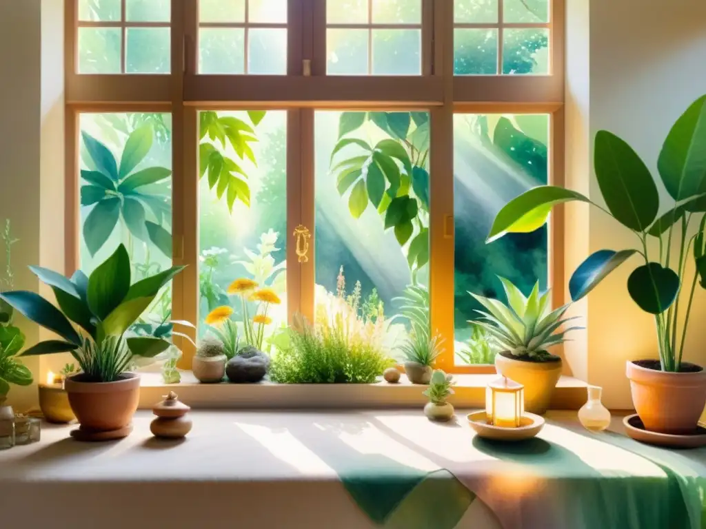 Preparar entorno para retiro espiritual: una habitación serena con luz solar, plantas y objetos sagrados, evocando tranquilidad y conexión espiritual