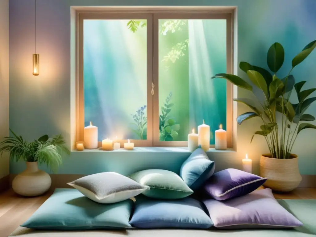 Preparar entorno vuelta retiro espiritual en sereno espacio de meditación decorado con tonos pastel y luz natural