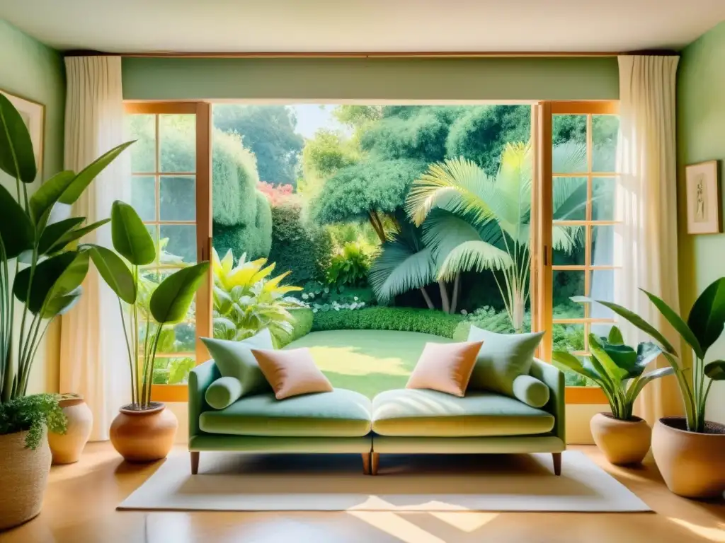 Preparar entorno vuelta retiro espiritual: Acuarela 8k de habitación serena con vista a jardín tranquilo, luz suave y detalles relajantes