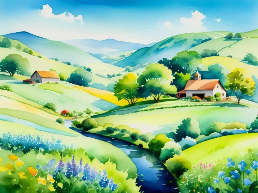 Escena apacible de granja orgánica en el campo, con colinas, arroyo, cielo azul