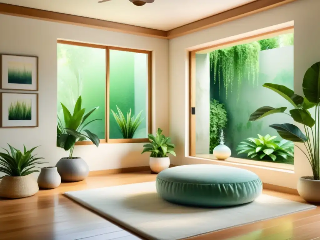 Acogedor espacio de meditación en acuarela Un espacio de meditación en casa, acogedor y equilibrado, con toques de tecnología sutil