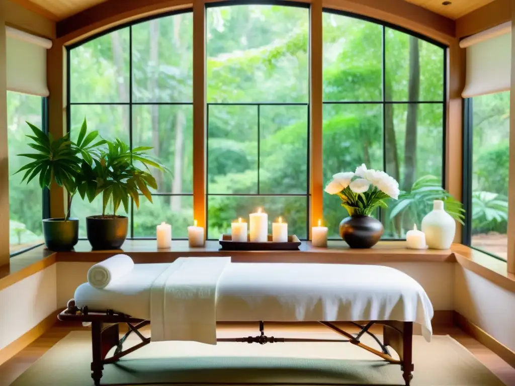 Retiro espiritual: Sala de masajes serena y relajante Un espacio de masajes tranquilo en un retiro espiritual, con luz suave, plantas y una atmósfera serena