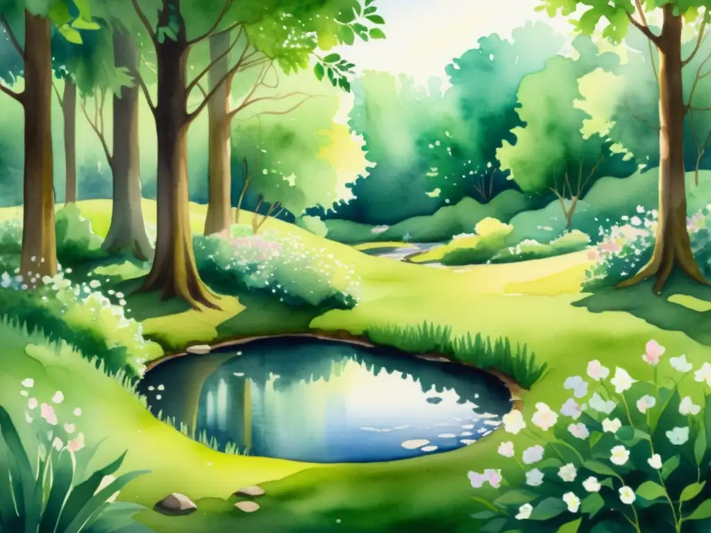 Bosque sereno con espacio de meditación Preparar espacio sagrado meditación en pintura acuarela detallada de un claro de bosque sereno con arroyo y rinconcito para meditar entre árboles iluminados por el sol