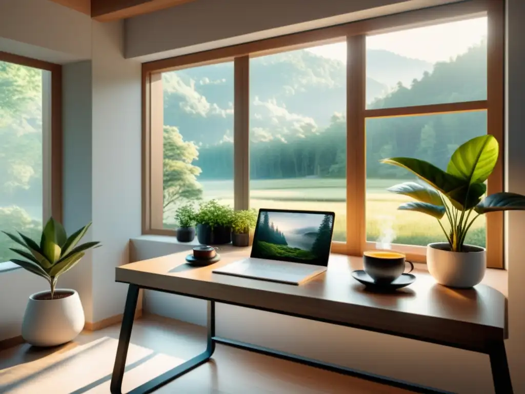 Espacio de trabajo sereno con vista a la naturaleza Un espacio de trabajo sereno y minimalista con vistas a la naturaleza, un escritorio ordenado, una taza de té humeante y plantas