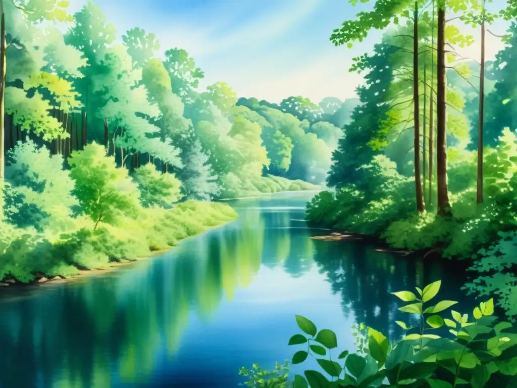Pintura detallada de bosque con río sereno Una exquisita pintura al agua detallada de un sereno bosque, con árboles verdes exuberantes, un río tranquilo y un cielo azul claro