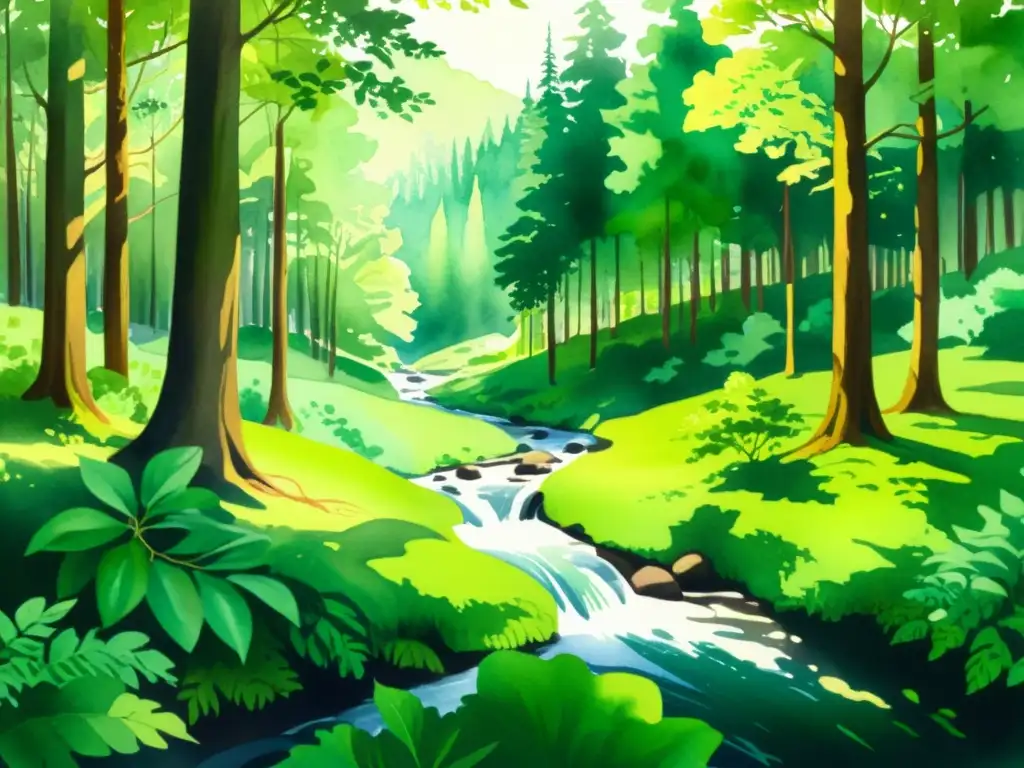 Exquisita ilustración acuarela de un bosque sereno Preparación retiro inmersión naturaleza: Ilustración acuarela de un exuberante bosque con árboles enormes, arbustos vibrantes y un arroyo serpenteante