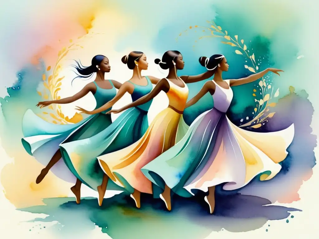 Danzas sagradas en acuarela: conexión divina en movimiento Grupo de bailarines en elegantes movimientos, expresando la conexión divina a través de la danza en acuarela