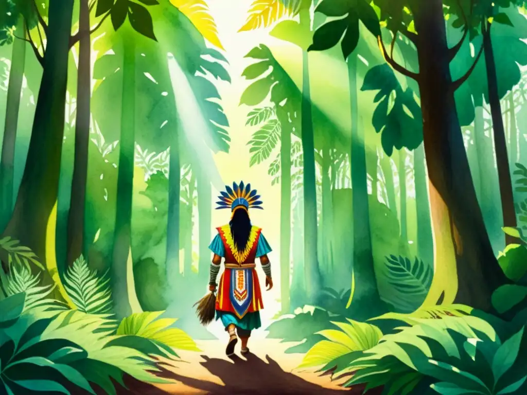 Viaje chamánico a la luz del bosque Un chamán guía a un grupo en un bosque exuberante hacia un lugar sagrado