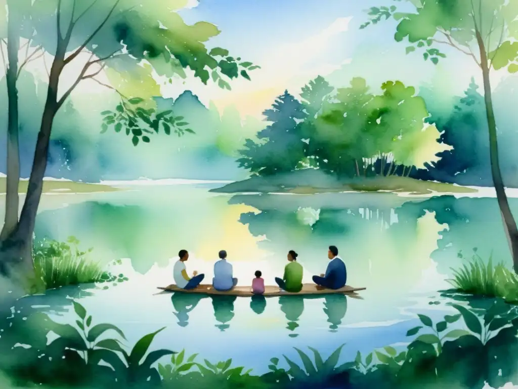 Líderes en meditación al amanecer: pintura serena en acuarela Grupo de líderes en meditación al amanecer, rodeados de naturaleza